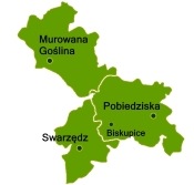 Mapa z miejscowościami Murowana Goślinna, Swarzędz, Pobiedziska i Biskupice.