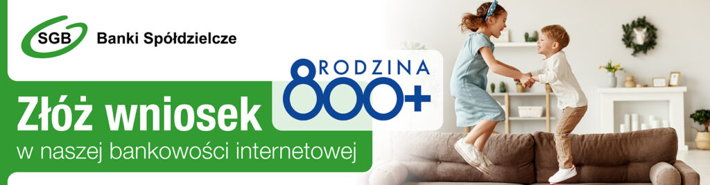 Rodzeństwo skacze na kanapie baner program "Rodzina 800+".