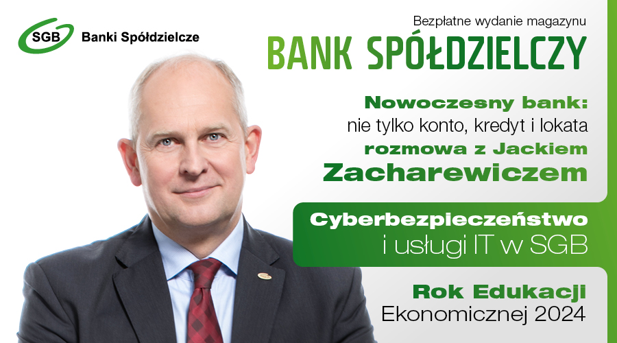 grafiki promującej bank Spółdzielczy, z tekstem o nowoczesnych usługach finansowych i edukacji ekonomicznej.